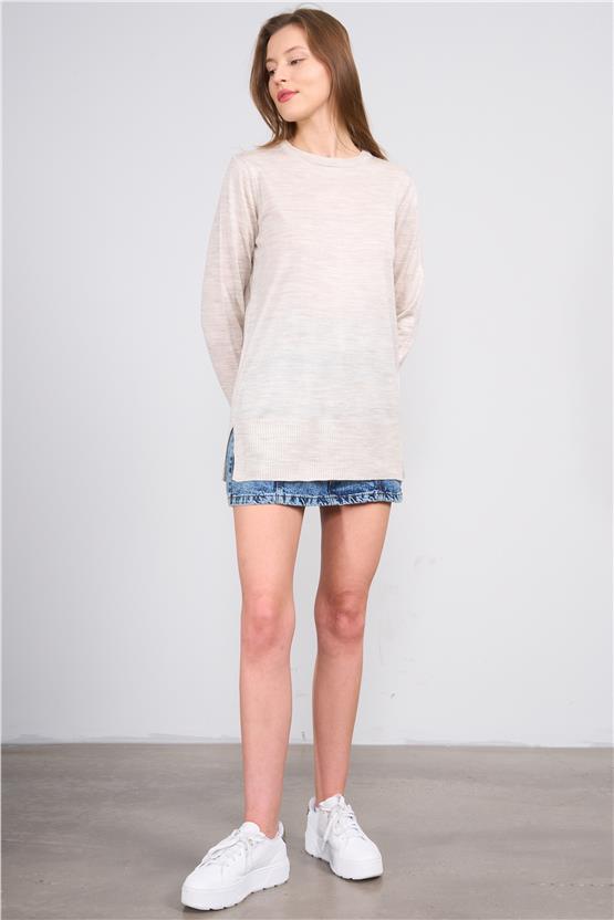 Çetinkaya Miyamira 2306 Kadın Basic Bisiklet Yaka Yanları Yırtmaçlı Triko Taşmelanj