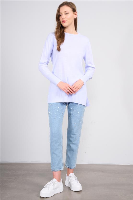 Çetinkaya Miyamira 2306 Kadın Basic Bisiklet Yaka Yanları Yırtmaçlı Triko Bebe Mavi