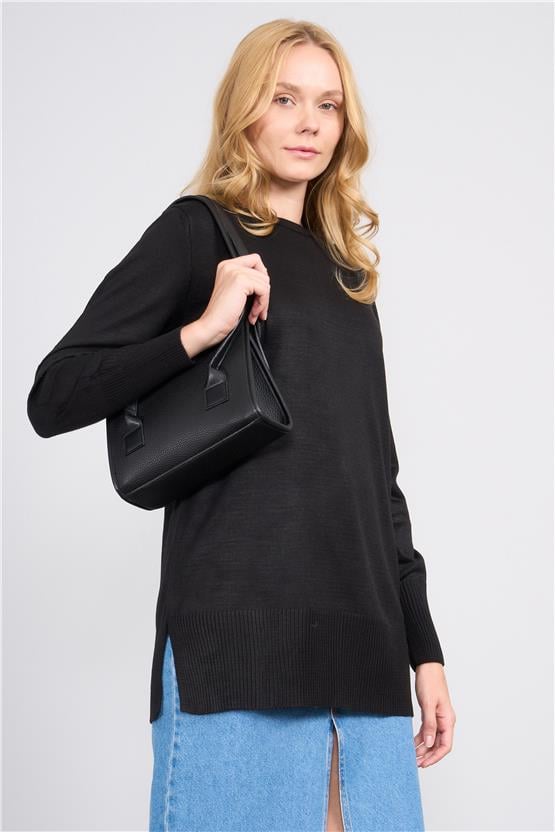 Çetinkaya Miyamira 2306 Kadın Basic Bisiklet Yaka Yanları Yırtmaçlı Triko Siyah