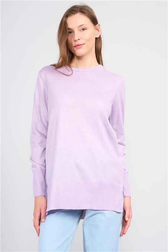 Çetinkaya Miyamira 2306 Kadın Basic Bisiklet Yaka Yanları Yırtmaçlı Triko Lila