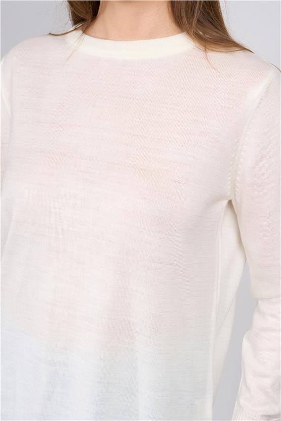 Çetinkaya Miyamira 2306 Kadın Basic Bisiklet Yaka Yanları Yırtmaçlı Triko Krem