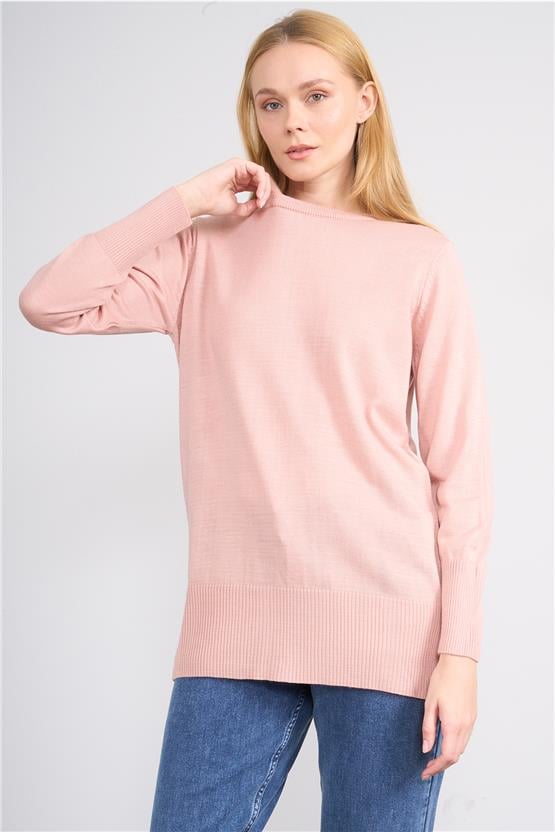 Çetinkaya Miyamira 2306 Kadın Basic Bisiklet Yaka Yanları Yırtmaçlı Triko Pudra