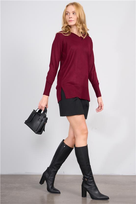 Çetinkaya Miyamira 2307 Kadın Basic V Yaka Yanları Yırtmaçlı Triko Bordo