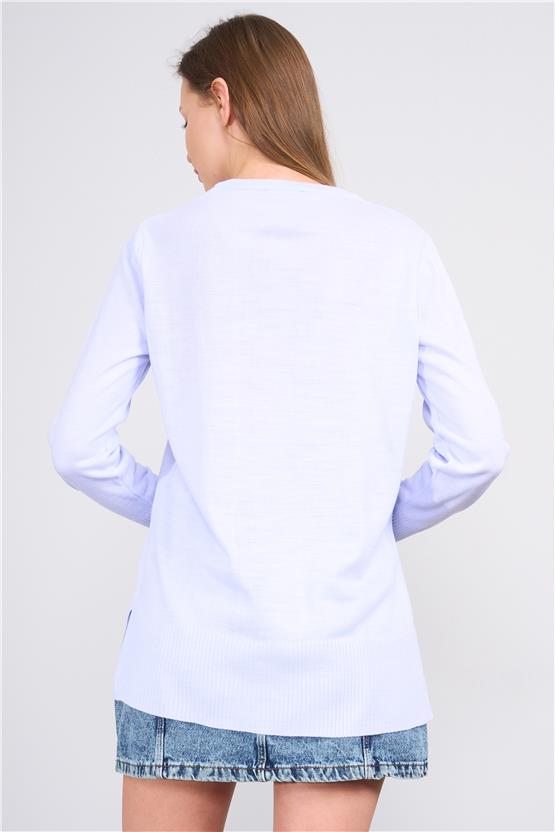 Çetinkaya Miyamira 2307 Kadın Basic V Yaka Yanları Yırtmaçlı Triko Bebe Mavi