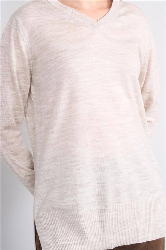 Çetinkaya Miyamira 2307 Kadın Basic V Yaka Yanları Yırtmaçlı Triko Taşmelanj