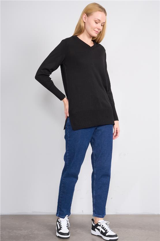 Çetinkaya Miyamira 2307 Kadın Basic V Yaka Yanları Yırtmaçlı Triko Siyah