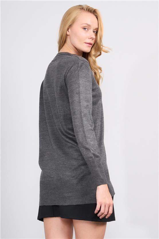 Çetinkaya Miyamira 2307 Kadın Basic V Yaka Yanları Yırtmaçlı Triko Koyu Gri