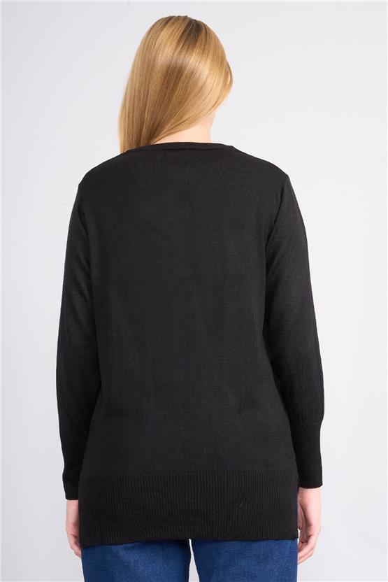 Çetinkaya Miyamira 2307 Kadın Basic V Yaka Yanları Yırtmaçlı Triko Siyah