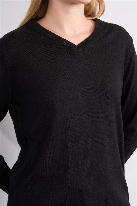 Çetinkaya Miyamira 2307 Kadın Basic V Yaka Yanları Yırtmaçlı Triko Siyah