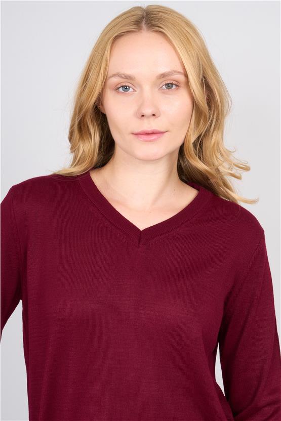 Çetinkaya Miyamira 2307 Kadın Basic V Yaka Yanları Yırtmaçlı Triko Bordo