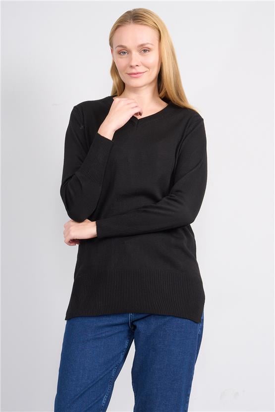 Çetinkaya Miyamira 2307 Kadın Basic V Yaka Yanları Yırtmaçlı Triko Siyah