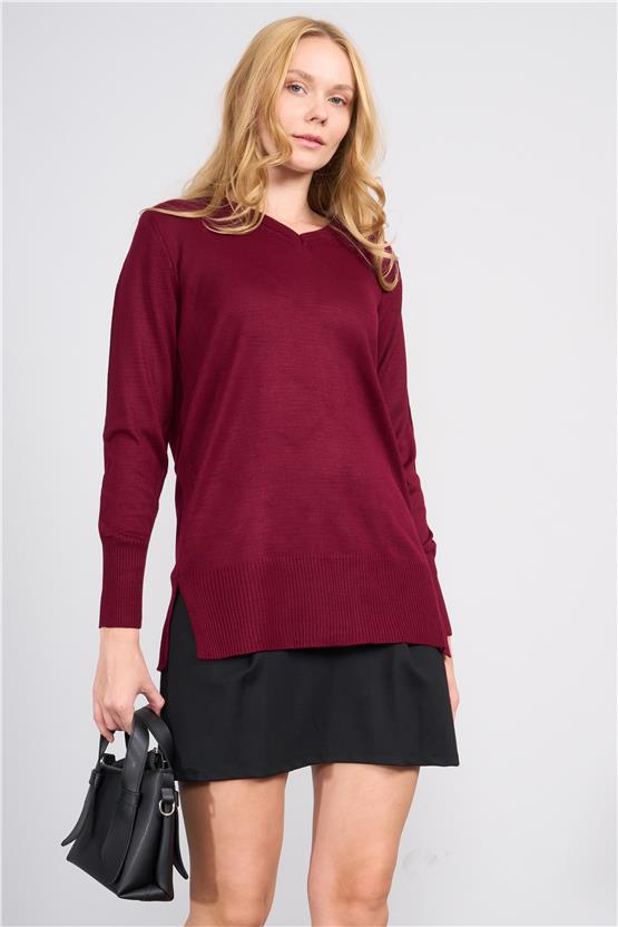 Çetinkaya Miyamira 2307 Kadın Basic V Yaka Yanları Yırtmaçlı Triko Bordo