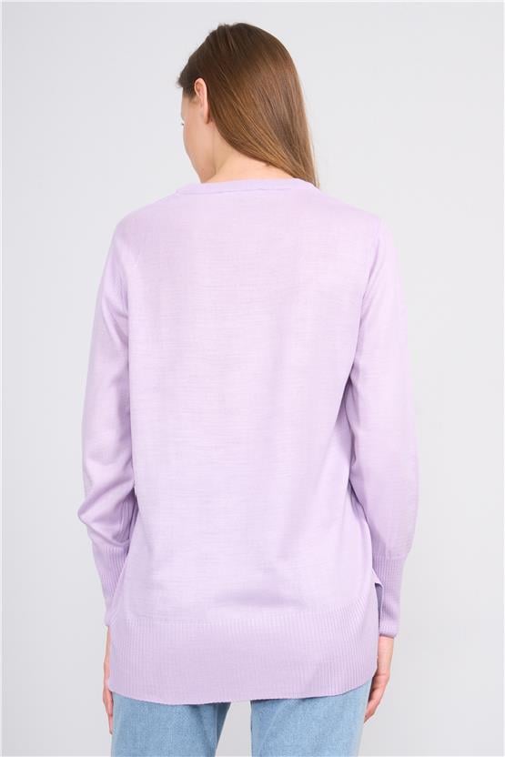 Çetinkaya Miyamira 2307 Kadın Basic V Yaka Yanları Yırtmaçlı Triko Lila