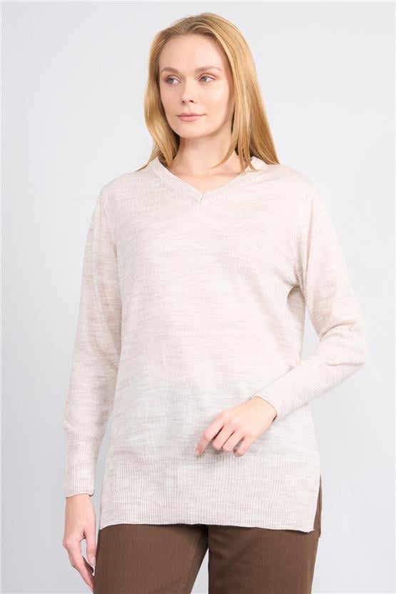 Çetinkaya Miyamira 2307 Kadın Basic V Yaka Yanları Yırtmaçlı Triko Taşmelanj