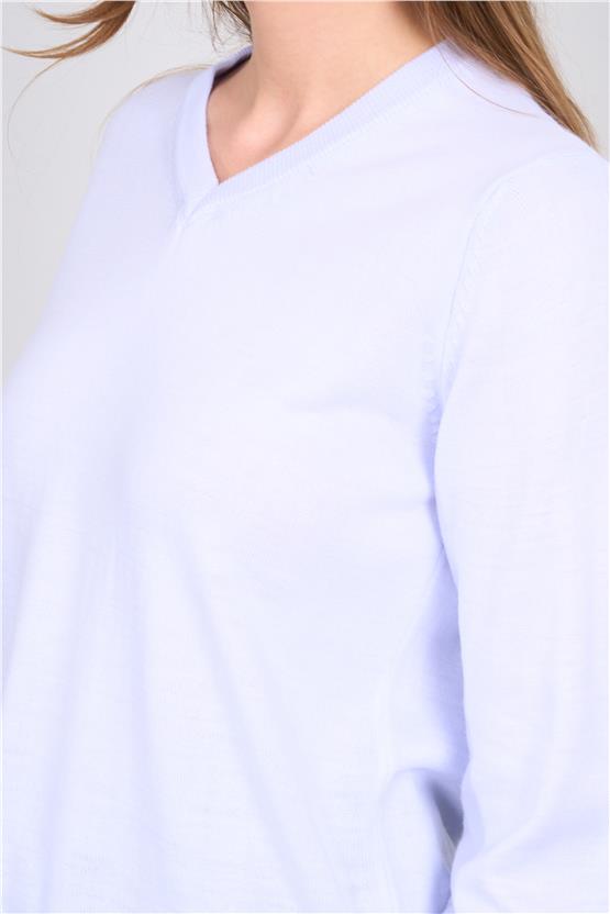 Çetinkaya Miyamira 2307 Kadın Basic V Yaka Yanları Yırtmaçlı Triko Bebe Mavi