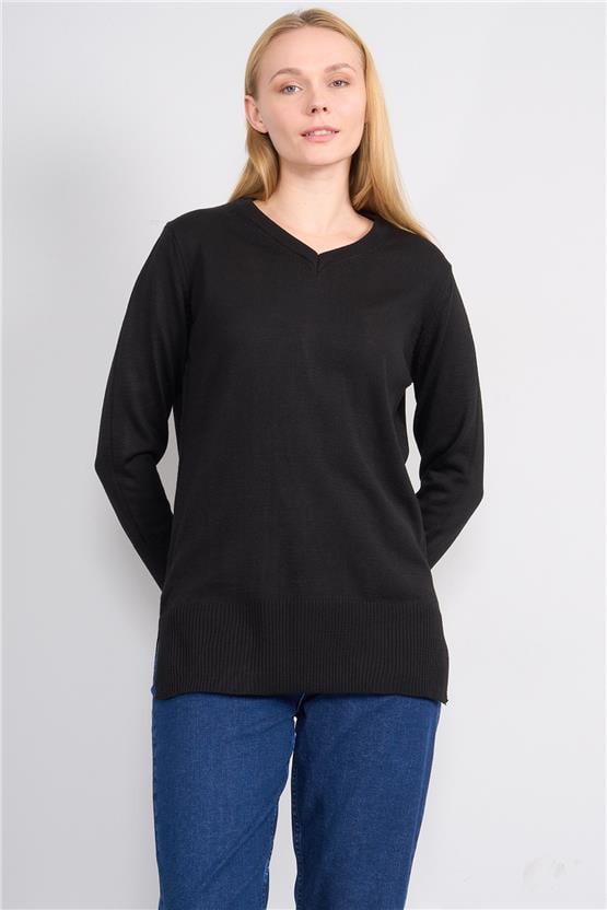 Çetinkaya Miyamira 2307 Kadın Basic V Yaka Yanları Yırtmaçlı Triko Siyah