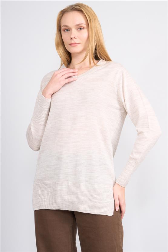 Çetinkaya Miyamira 2307 Kadın Basic V Yaka Yanları Yırtmaçlı Triko Taşmelanj