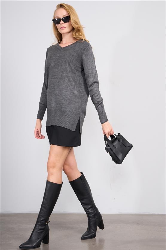 Çetinkaya Miyamira 2307 Kadın Basic V Yaka Yanları Yırtmaçlı Triko Koyu Gri