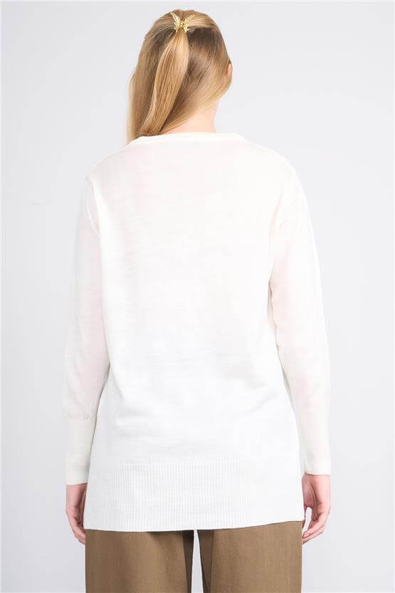 Çetinkaya Miyamira 2307 Kadın Basic V Yaka Yanları Yırtmaçlı Triko Krem