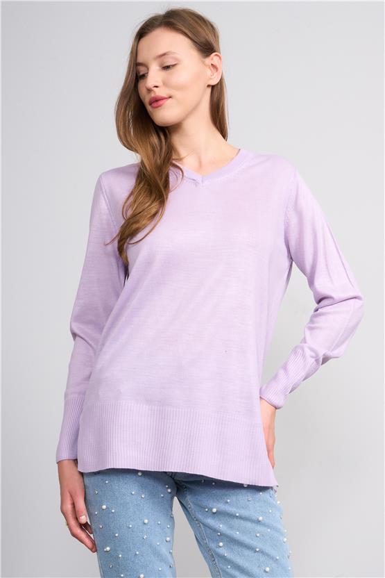 Çetinkaya Miyamira 2307 Kadın Basic V Yaka Yanları Yırtmaçlı Triko Lila