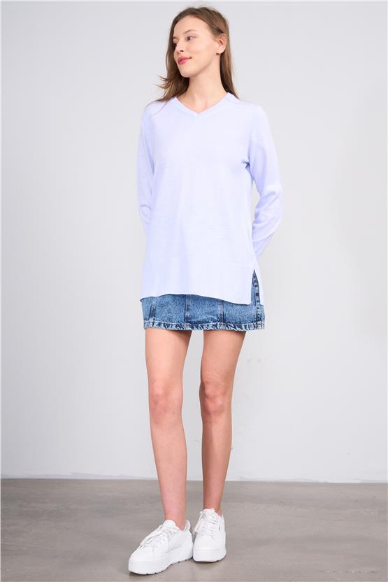 Çetinkaya Miyamira 2307 Kadın Basic V Yaka Yanları Yırtmaçlı Triko Bebe Mavi