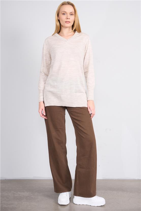 Çetinkaya Miyamira 2307 Kadın Basic V Yaka Yanları Yırtmaçlı Triko Taşmelanj