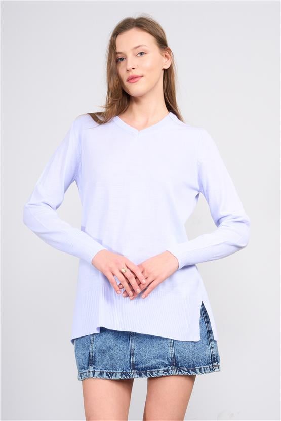 Çetinkaya Miyamira 2307 Kadın Basic V Yaka Yanları Yırtmaçlı Triko Bebe Mavi