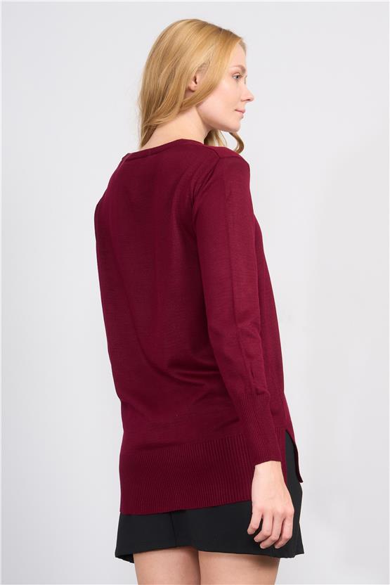 Çetinkaya Miyamira 2307 Kadın Basic V Yaka Yanları Yırtmaçlı Triko Bordo