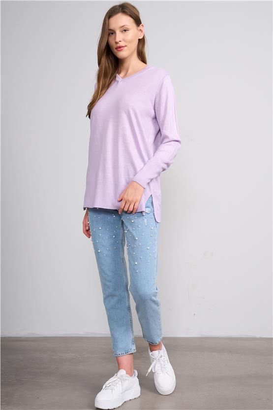 Çetinkaya Miyamira 2307 Kadın Basic V Yaka Yanları Yırtmaçlı Triko Lila