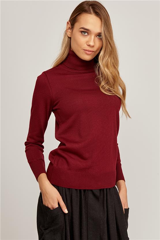 Çetinkaya Miyamira Balıkçı Yaka Vişne Kazak