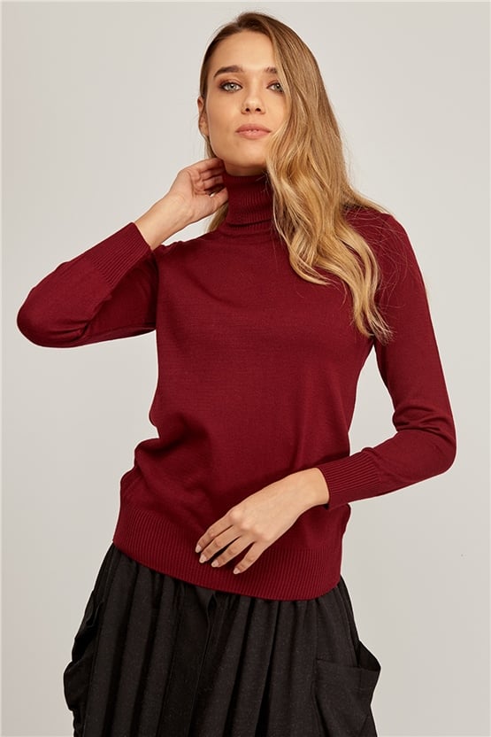 Çetinkaya Miyamira Balıkçı Yaka Vişne Kazak