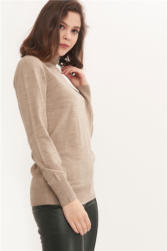 Çetinkaya Miyamira Kadın Balıkçı Yaka Bej Triko Kazak