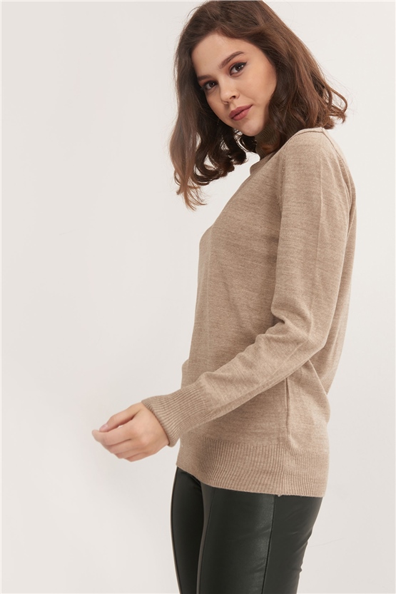 Çetinkaya Miyamira Kadın Balıkçı Yaka Bej Triko Kazak