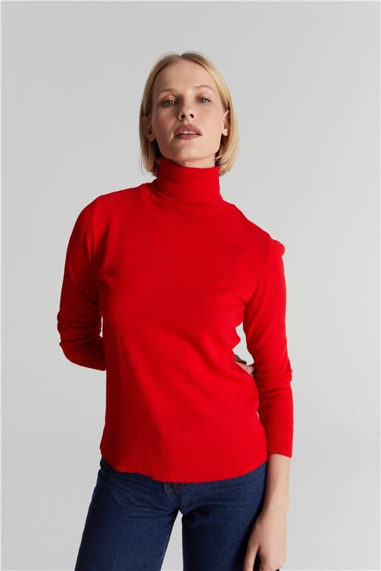 Çetinkaya Miyamira Kadın Balıkçı Yaka Kırmızı Kazak