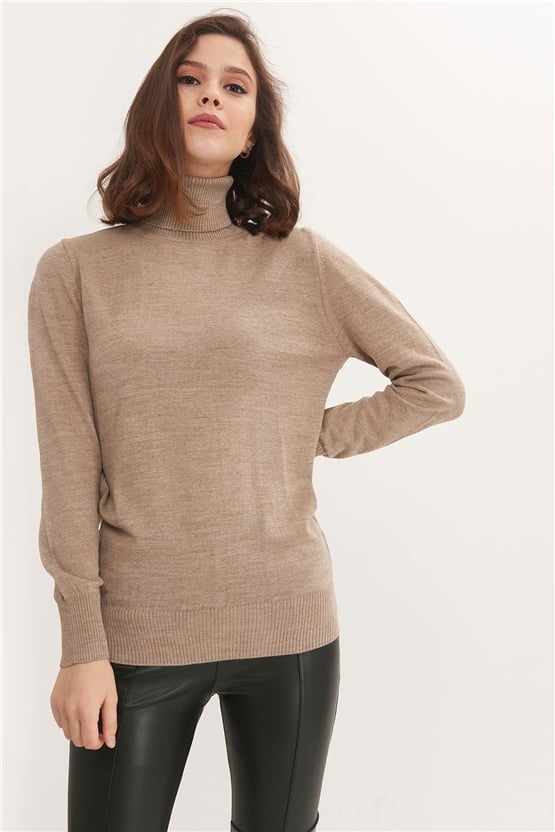 Çetinkaya Miyamira Kadın Balıkçı Yaka Bej Triko Kazak