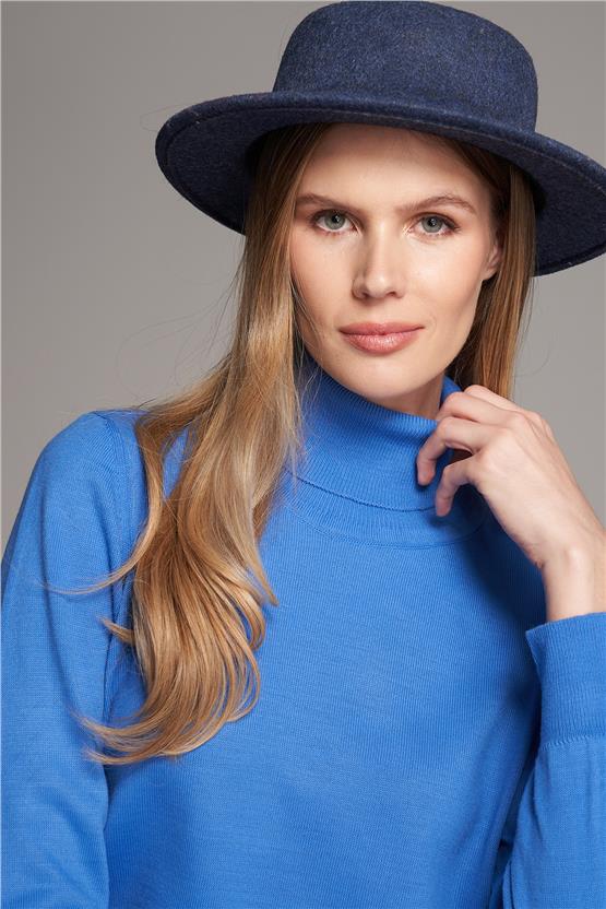 Çetinkaya Miyamira Kadın Mavi Balıkçı Yaka Triko Kazak