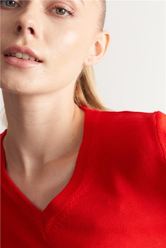 Çetinkaya Miyamira V Yaka Kırmızı Kazak