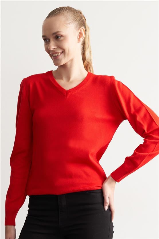 Çetinkaya Miyamira V Yaka Kırmızı Kazak