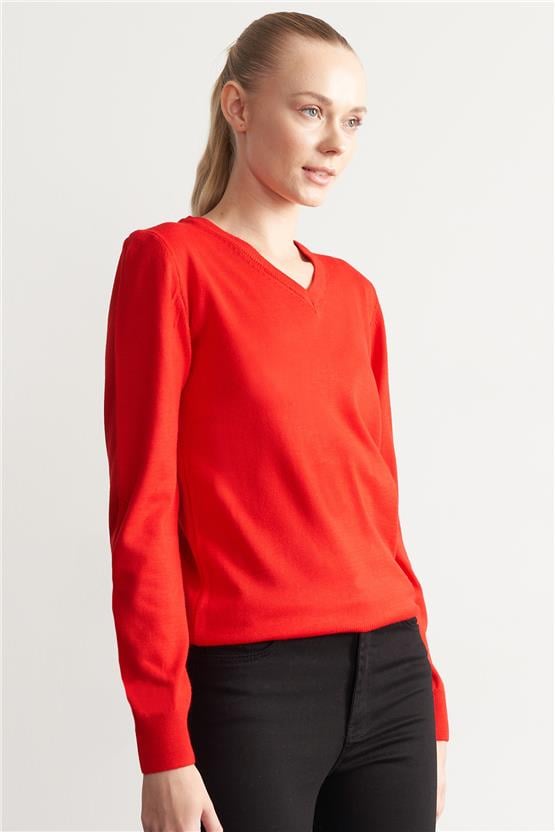 Çetinkaya Miyamira V Yaka Kırmızı Kazak