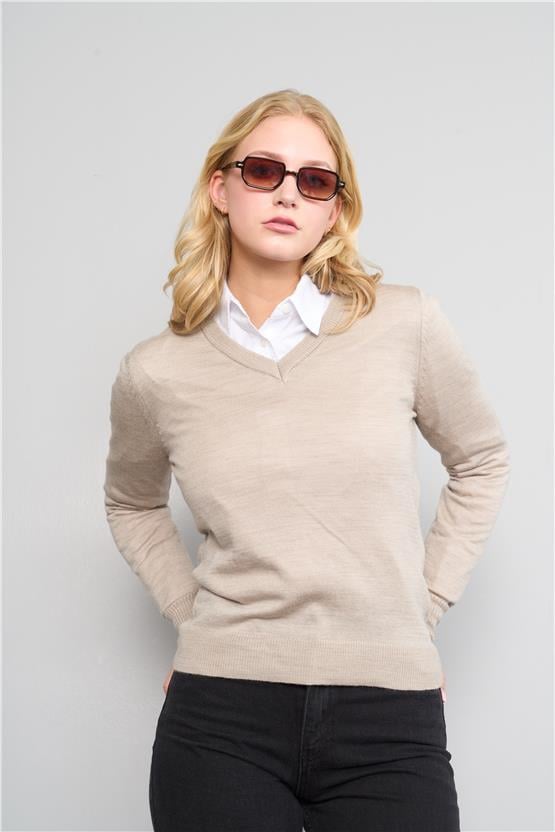 Çetinkaya Miyamira  V Yaka Taş Rengi Kazak