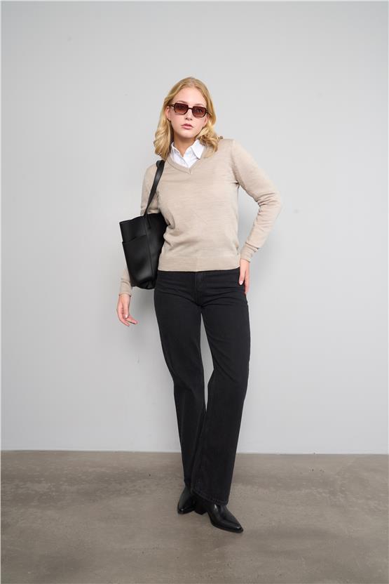 Çetinkaya Miyamira  V Yaka Taş Rengi Kazak