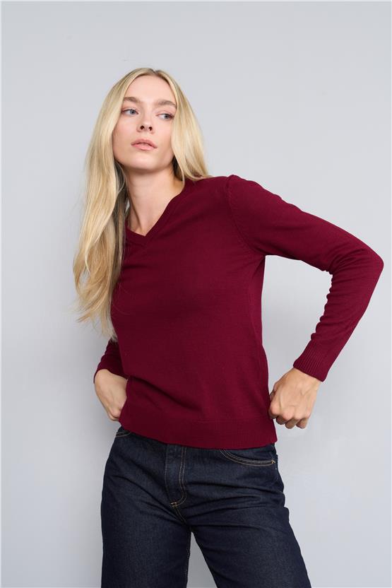 Çetinkaya Miyamira V Yaka Triko Bordo