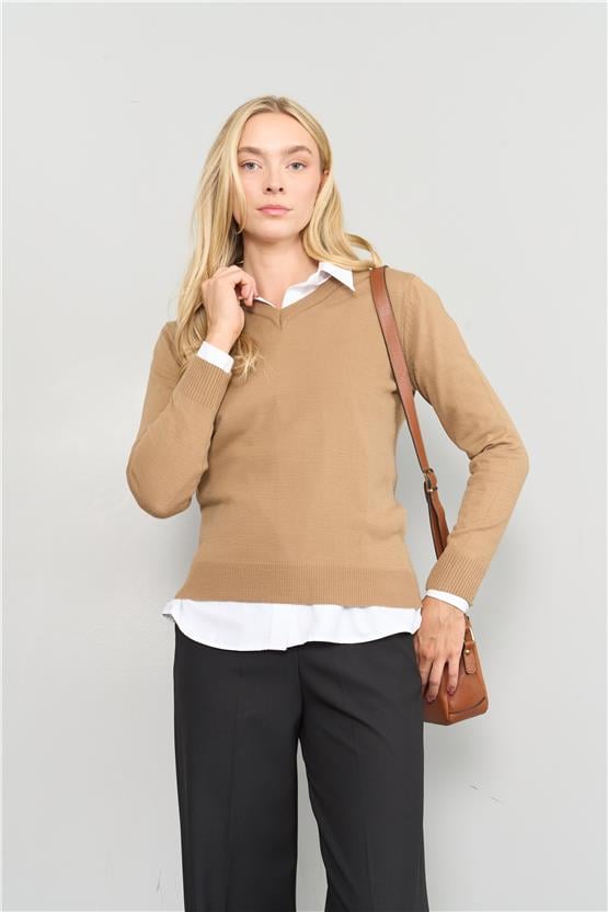 Çetinkaya Miyamira V Yaka Triko Kahve