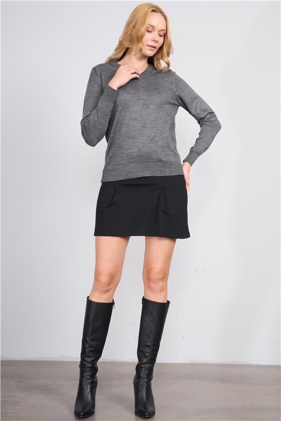 Çetinkaya Miyamira V Yaka Triko Koyu Grimelanj