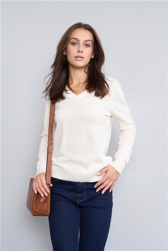 Çetinkaya Miyamira V Yaka Triko Krem