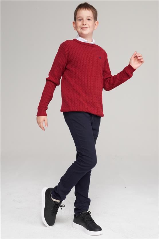 Chester Polo 28039 Unisex Çocuk Bisiklet Yaka Kotonit Saç Örgü Triko Kazak 4-12 Yaş Bordo