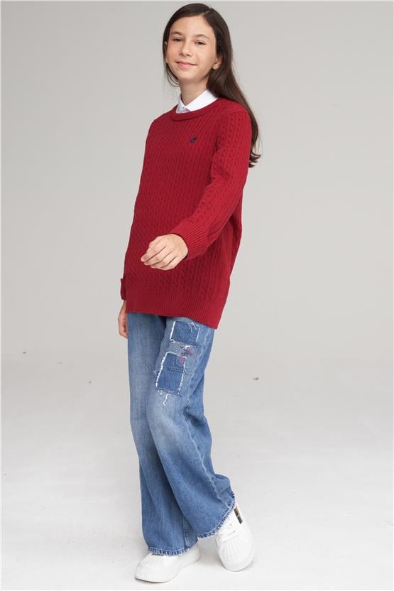 Chester Polo 28039 Unisex Çocuk Bisiklet Yaka Kotonit Saç Örgü Triko Kazak 4-12 Yaş Bordo