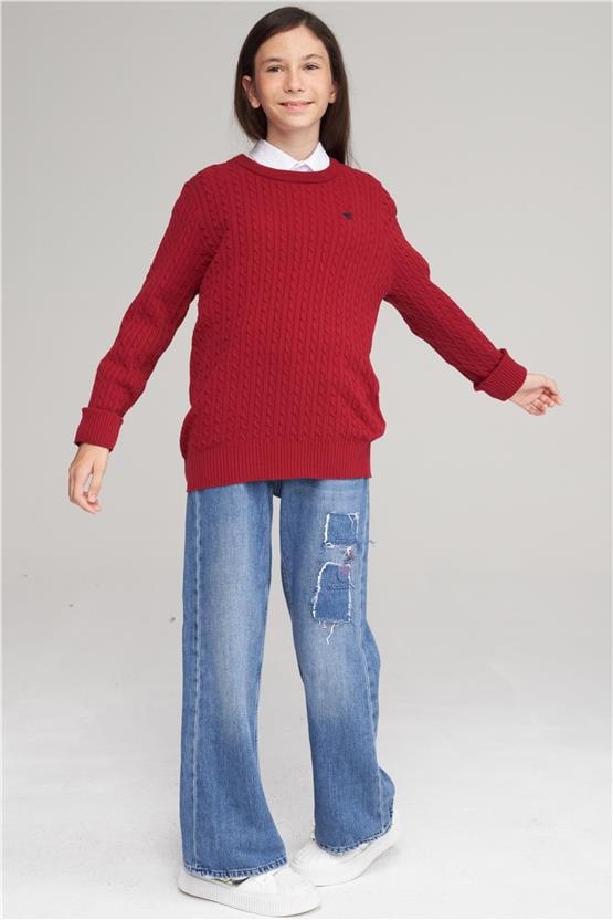 Chester Polo 28039 Unisex Çocuk Bisiklet Yaka Kotonit Saç Örgü Triko Kazak 4-12 Yaş Bordo