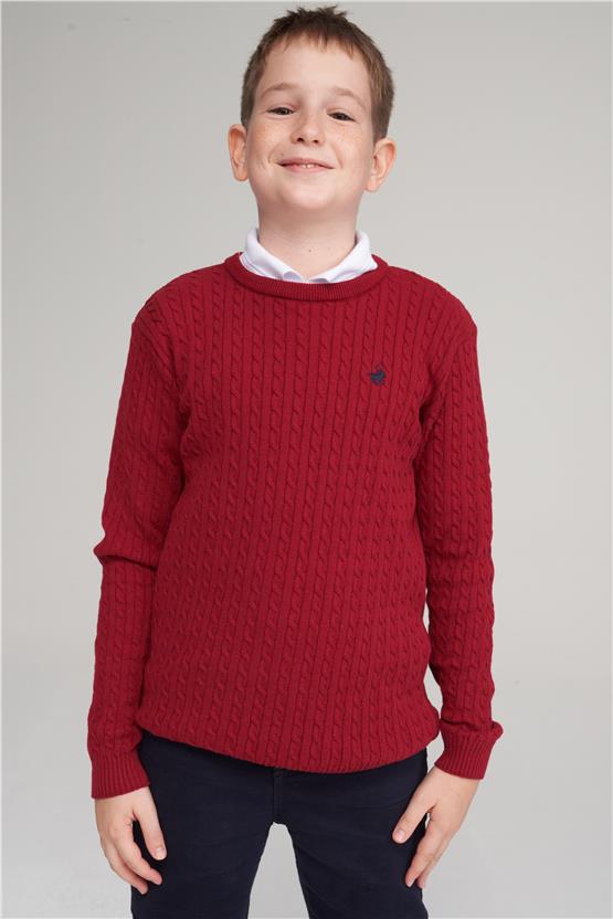 Chester Polo 28039 Unisex Çocuk Bisiklet Yaka Kotonit Saç Örgü Triko Kazak 4-12 Yaş Bordo