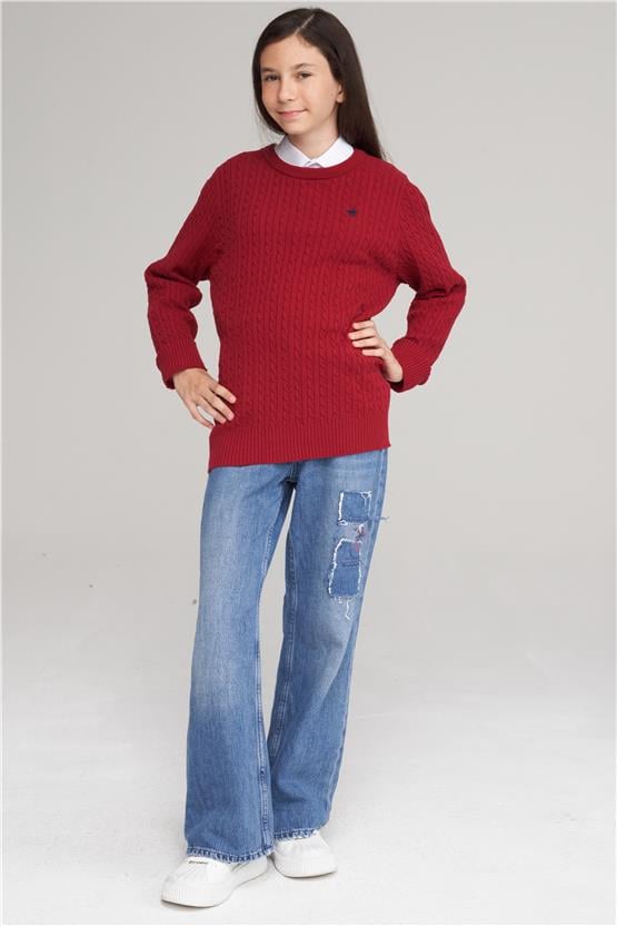 Chester Polo 28039 Unisex Çocuk Bisiklet Yaka Kotonit Saç Örgü Triko Kazak 4-12 Yaş Bordo